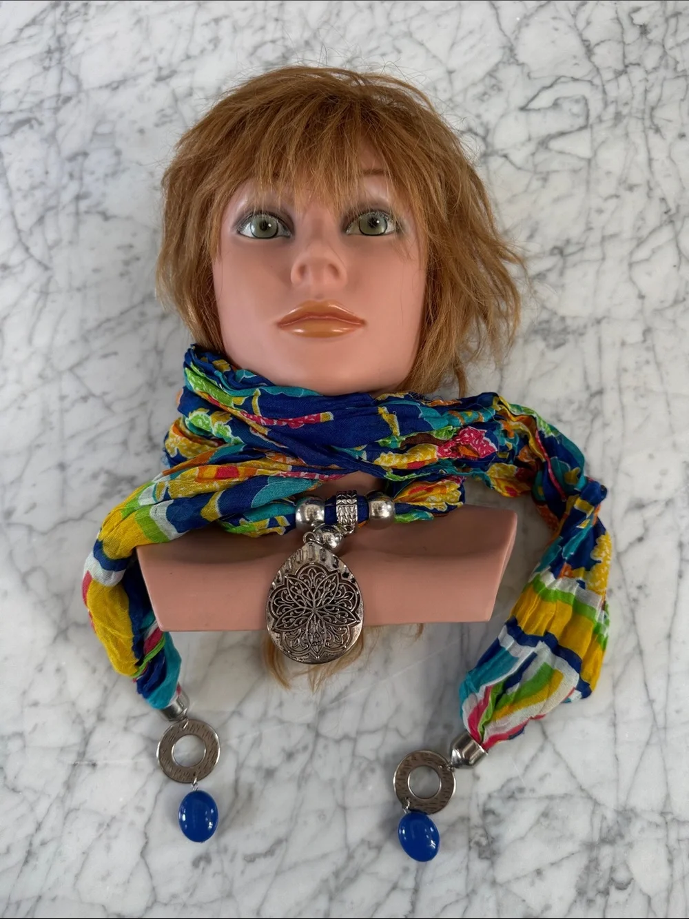 Bohemian Multicolor Scarf Necklace Bandana Silver Pendant